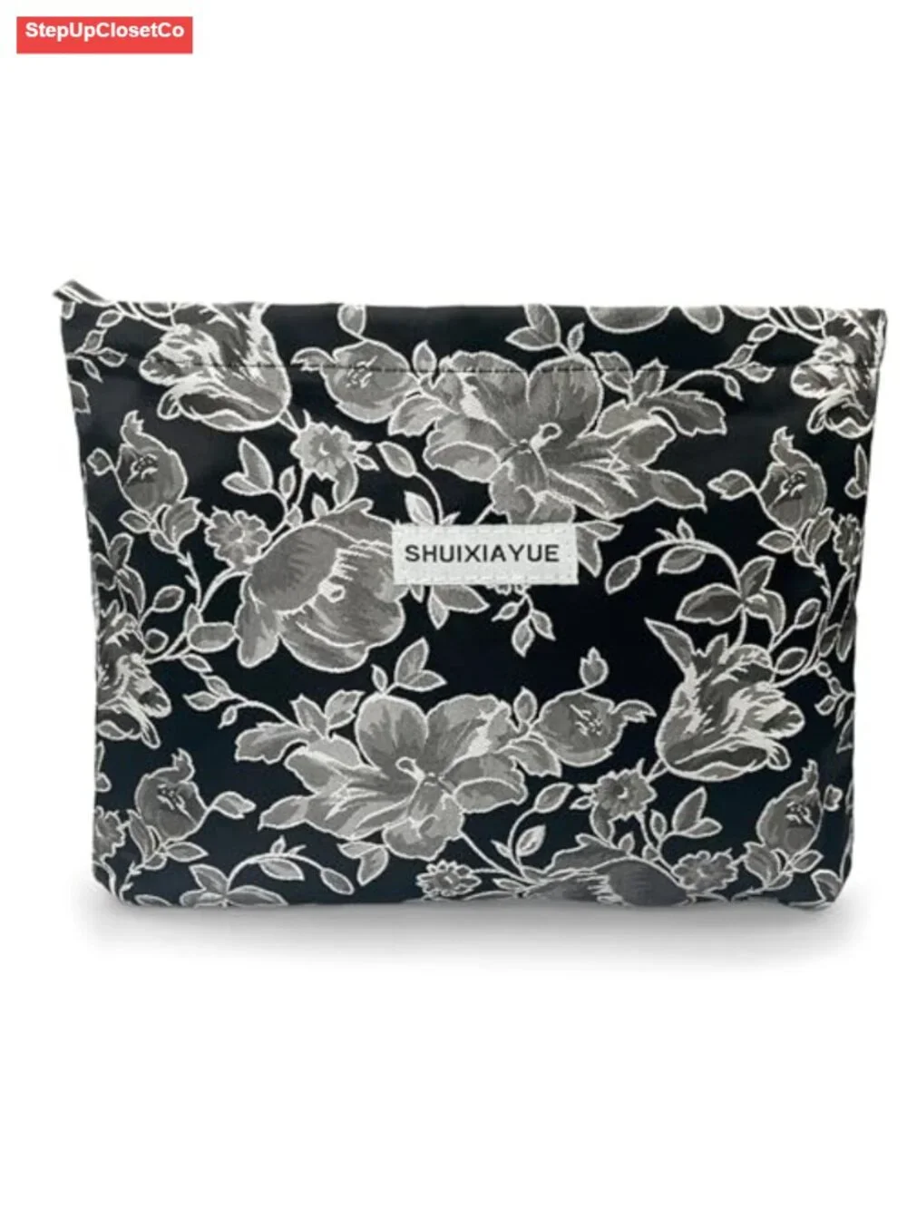 Large Canvas Cosmetic Bag with Zipper - Floral Embroidery Travel Toiletry Pouch